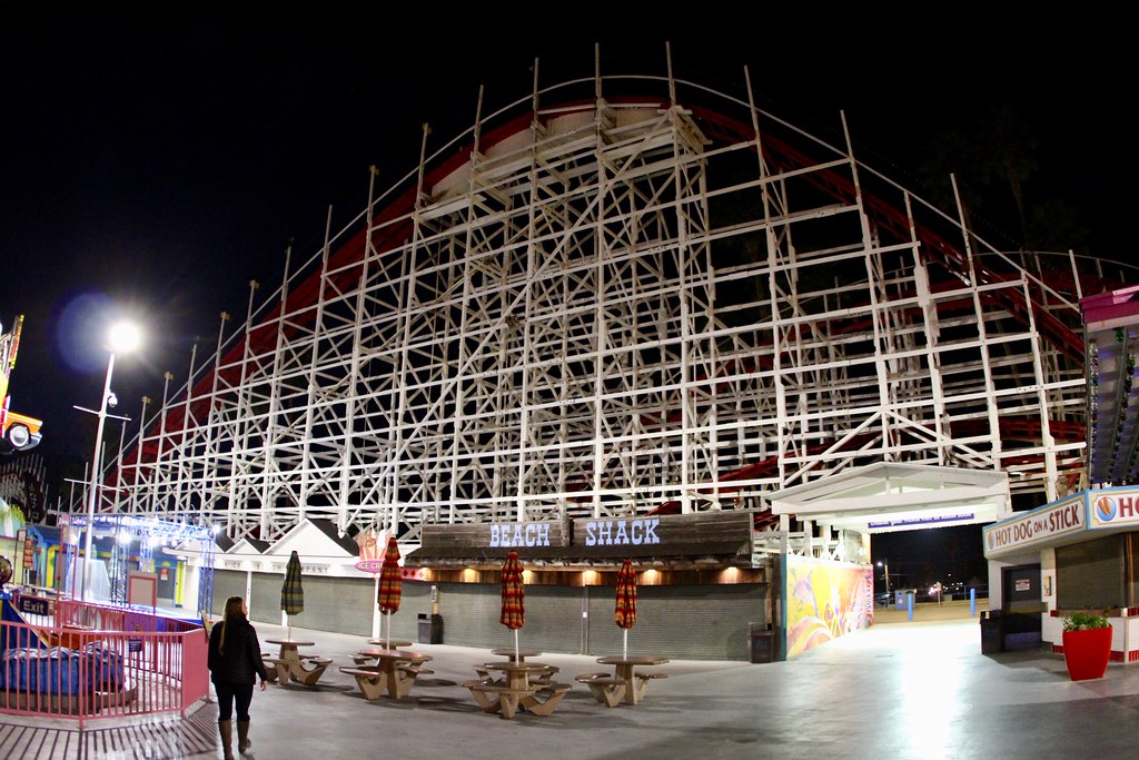 The Giant Dipper wooden roller coaster's first lift hill at Belmont Park, Mission Beach, San Diego